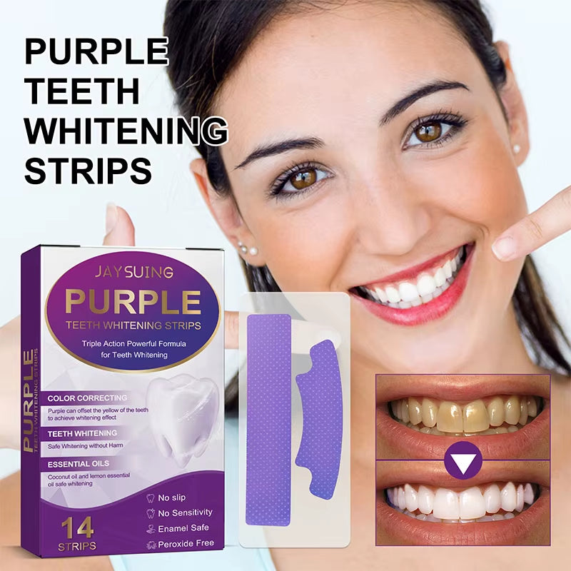 14Pcs/Box Teeth Bleaching Strip Purple Dental Cleaning Whitener Veneers Oral Hygiene Care Brightening Tooth Whitening Gel Strips